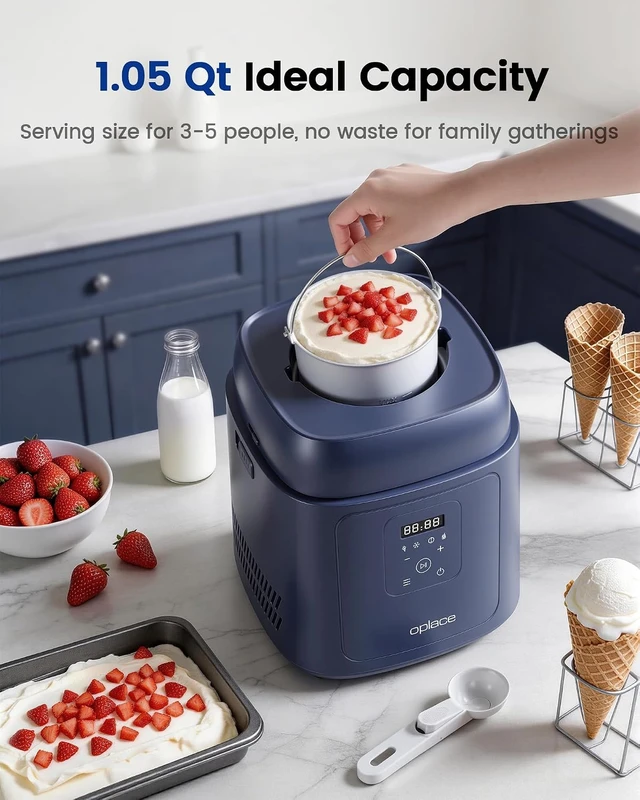 Alt view image 5 of 7 - 4-in-1 Compressor Ice Cream Maker (1.0Qt), No Pre-Freezing, Automatic Yogurt Maker, Gelato Sorbet Frozen Yogurt Soft Serve Machine, Compact Vertical Design for Home Kitchen(Blue)