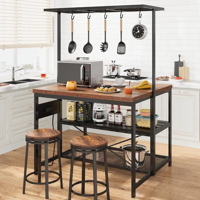Alt view image 2 of 7 - 47 in Kitchen Island with Power Outlet & Storage - Large Bakers Rack, Microwave Stand with 3-Tier Shelves & 5 Hooks for Pantry Organization