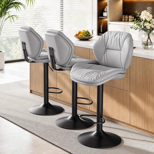 Main image of Swivel Bar Stools Set of 3, Double-Layer Filled Upholstered Bar Stools with Back, Adjustable Height Barstools, Faux Leather for Kitchen Island (Light Grey)
