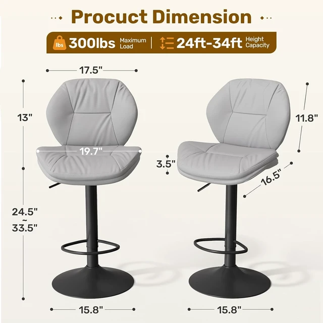 Alt view image 2 of 7 - Swivel Bar Stools Set of 3, Double-Layer Filled Upholstered Bar Stools with Back, Adjustable Height Barstools, Faux Leather for Kitchen Island (Light Grey)
