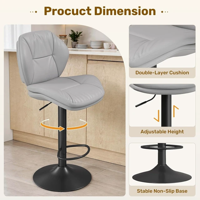 Alt view image 4 of 7 - Swivel Bar Stools Set of 3, Double-Layer Filled Upholstered Bar Stools with Back, Adjustable Height Barstools, Faux Leather for Kitchen Island (Light Grey)
