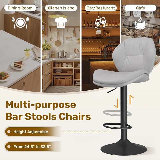 Alt view image 5 of 7 - Swivel Bar Stools Set of 3, Double-Layer Filled Upholstered Bar Stools with Back, Adjustable Height Barstools, Faux Leather for Kitchen Island (Light Grey)