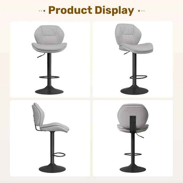 Alt view image 7 of 7 - Swivel Bar Stools Set of 3, Double-Layer Filled Upholstered Bar Stools with Back, Adjustable Height Barstools, Faux Leather for Kitchen Island (Light Grey)