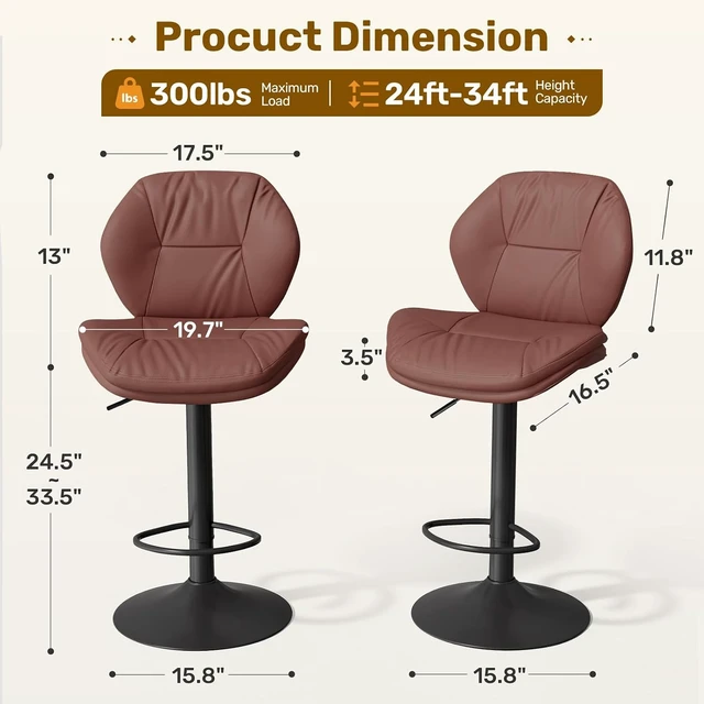 Alt view image 2 of 7 - Swivel Bar Stools Set of 3, Double-Layer Filled Upholstered Bar Stools with Back, Adjustable Height Barstools, Faux Leather for Kitchen Island (Rust)