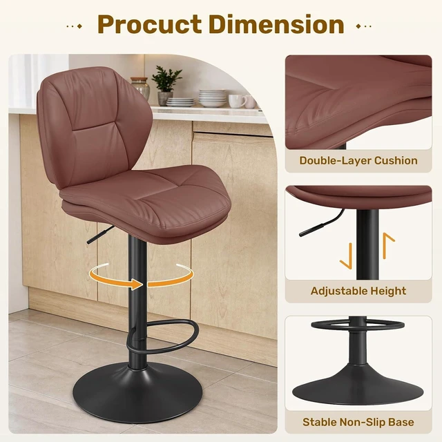 Alt view image 4 of 7 - Swivel Bar Stools Set of 3, Double-Layer Filled Upholstered Bar Stools with Back, Adjustable Height Barstools, Faux Leather for Kitchen Island (Rust)