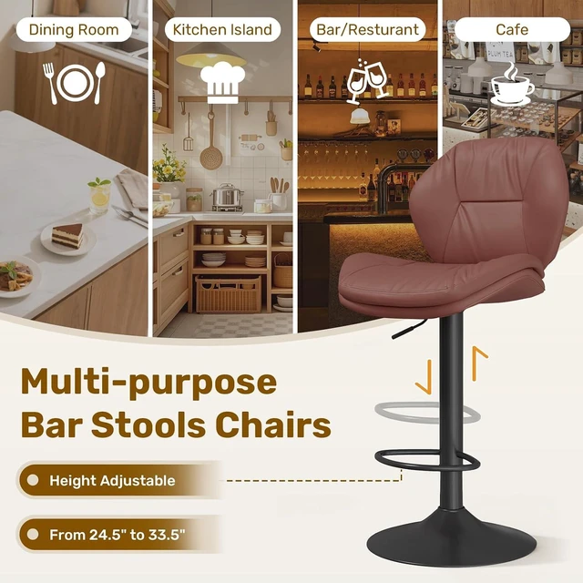 Alt view image 5 of 7 - Swivel Bar Stools Set of 3, Double-Layer Filled Upholstered Bar Stools with Back, Adjustable Height Barstools, Faux Leather for Kitchen Island (Rust)