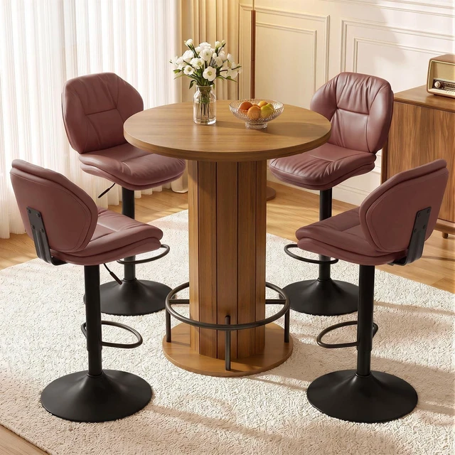 Alt view image 6 of 7 - Swivel Bar Stools Set of 3, Double-Layer Filled Upholstered Bar Stools with Back, Adjustable Height Barstools, Faux Leather for Kitchen Island (Rust)