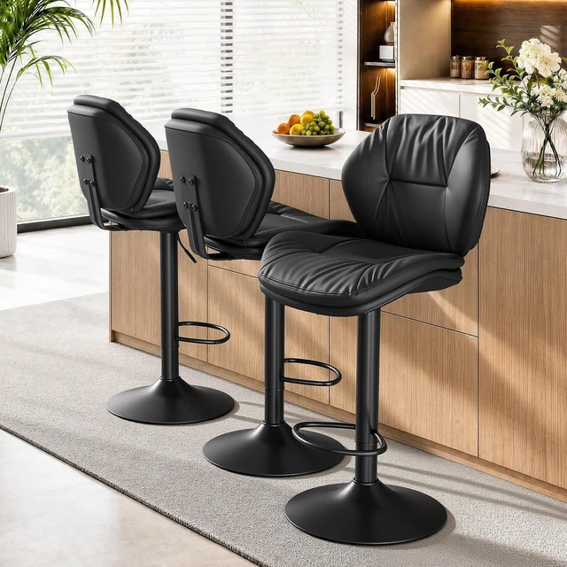 Main image of Swivel Bar Stools Set of 3, Double-Layer Filled Upholstered Bar Stools with Back, Adjustable Height Barstools, Faux Leather for Kitchen Island (Black)
