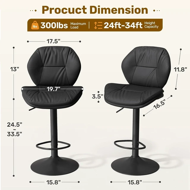 Alt view image 2 of 7 - Swivel Bar Stools Set of 3, Double-Layer Filled Upholstered Bar Stools with Back, Adjustable Height Barstools, Faux Leather for Kitchen Island (Black)