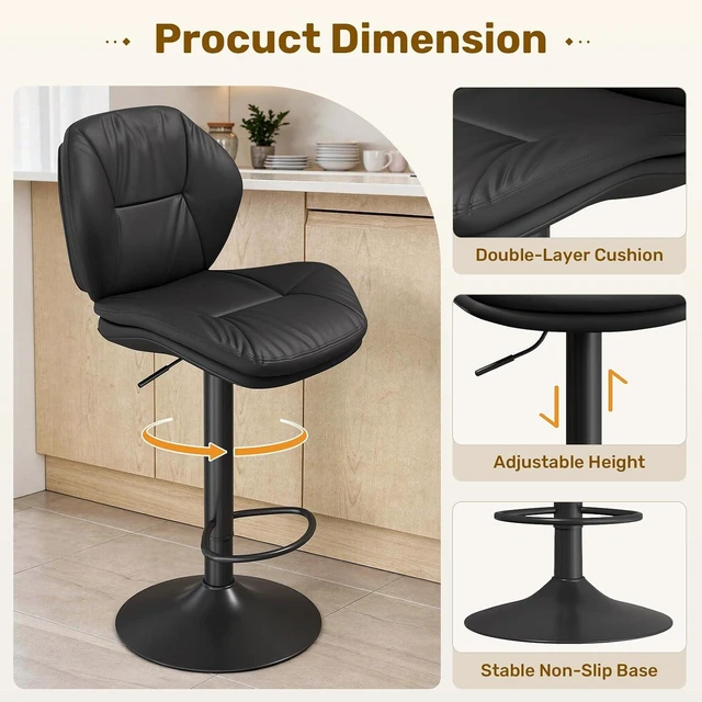 Alt view image 4 of 7 - Swivel Bar Stools Set of 3, Double-Layer Filled Upholstered Bar Stools with Back, Adjustable Height Barstools, Faux Leather for Kitchen Island (Black)