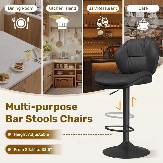 Alt view image 6 of 7 - Swivel Bar Stools Set of 3, Double-Layer Filled Upholstered Bar Stools with Back, Adjustable Height Barstools, Faux Leather for Kitchen Island (Black)