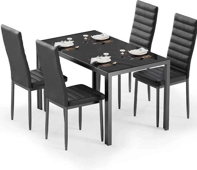 Alt view image 2 of 7 - Kitchen Dining Table Set for 4, Tempered Glass 5 Piece - Black