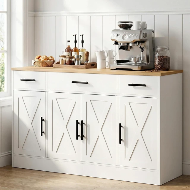 Main image of Coffee Bar Cabinet with Storage, Farmhouse Buffet Cabinet with 4 Doors & Adjustable Shelves, Kitchen Sideboard Cabinet for Coffee Station, Dining Room, Living Room & Home, White