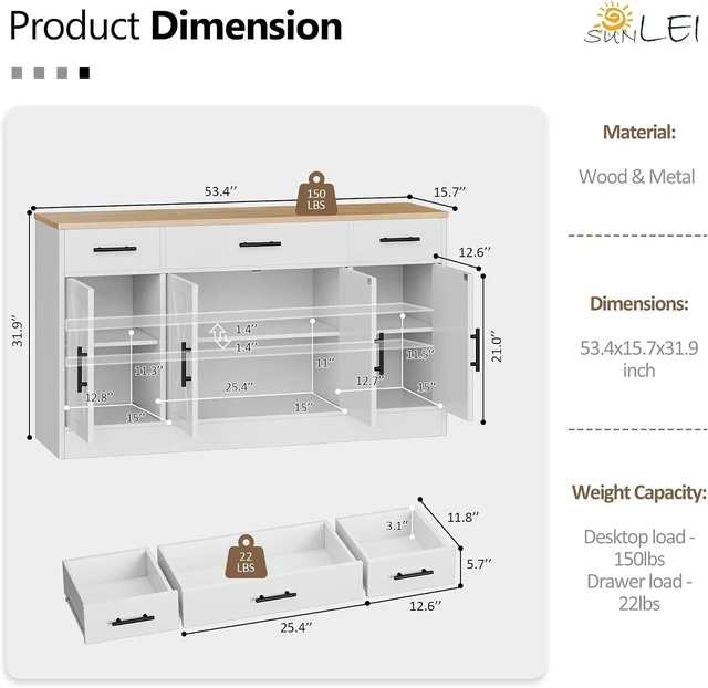 Alt view image 2 of 7 - Coffee Bar Cabinet with Storage, Farmhouse Buffet Cabinet with 4 Doors & Adjustable Shelves, Kitchen Sideboard Cabinet for Coffee Station, Dining Room, Living Room & Home, White