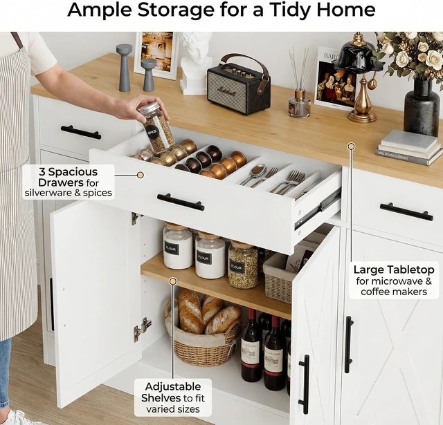 Alt view image 4 of 7 - Coffee Bar Cabinet with Storage, Farmhouse Buffet Cabinet with 4 Doors & Adjustable Shelves, Kitchen Sideboard Cabinet for Coffee Station, Dining Room, Living Room & Home, White