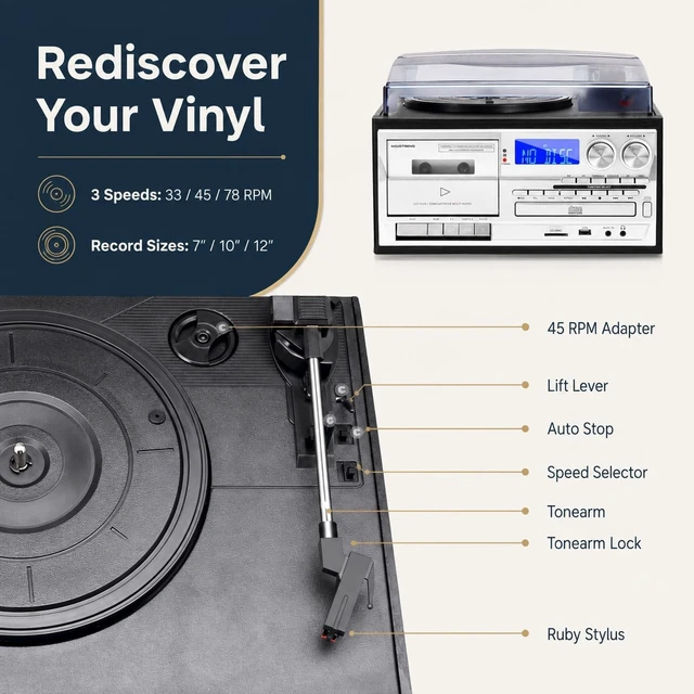 Alt view image 6 of 7 - 10 in 1 Record Player with External Speakers, Timeless Vintage Style & Rich Stereo Sound, Two-Way Bluetooth, 3-Speed Turntable, CD, Cassette, AM/FM Radio, USB/SD, Remote Control, Black