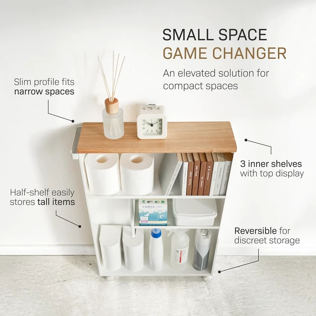 Alt view image 3 of 7 - Home Slim Rolling Storage Cart Narrow Bathroom Storage Cabinet With Handle, Slim Bathroom Storage Cart With Wheels, Easy Assembly, Steel + Wood, White, 27" - Steel -