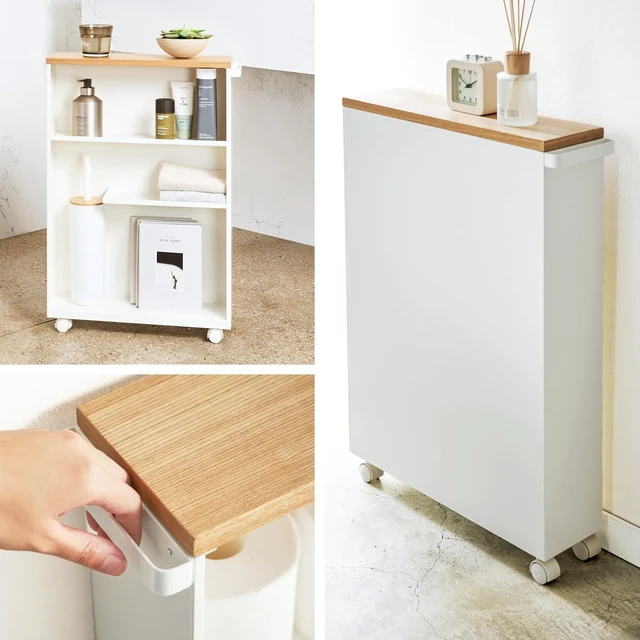 Alt view image 4 of 7 - Home Slim Rolling Storage Cart Narrow Bathroom Storage Cabinet With Handle, Slim Bathroom Storage Cart With Wheels, Easy Assembly, Steel + Wood, White, 27" - Steel -