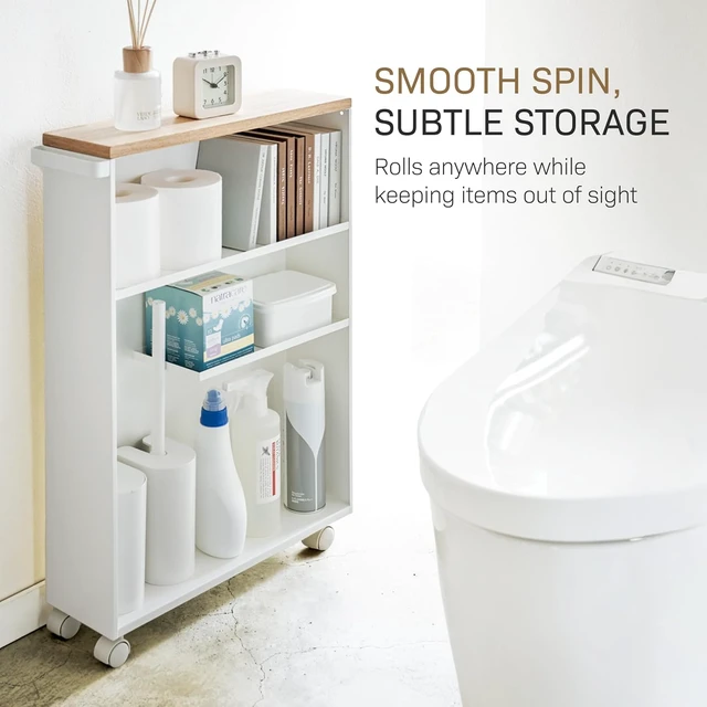 Alt view image 5 of 7 - Home Slim Rolling Storage Cart Narrow Bathroom Storage Cabinet With Handle, Slim Bathroom Storage Cart With Wheels, Easy Assembly, Steel + Wood, White, 27" - Steel -