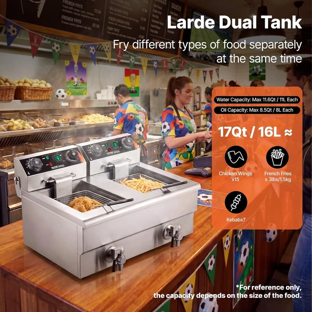 Alt view image 2 of 7 - Commercial Deep Fryer, Dual Tank 3000W Electric Countertop Fryer with Basket, 2 x 11.6Qt/11L Double Stainless Steel Oil Fryer with Drain, Time & Temp Control, for Kitchen Restaurant Use
