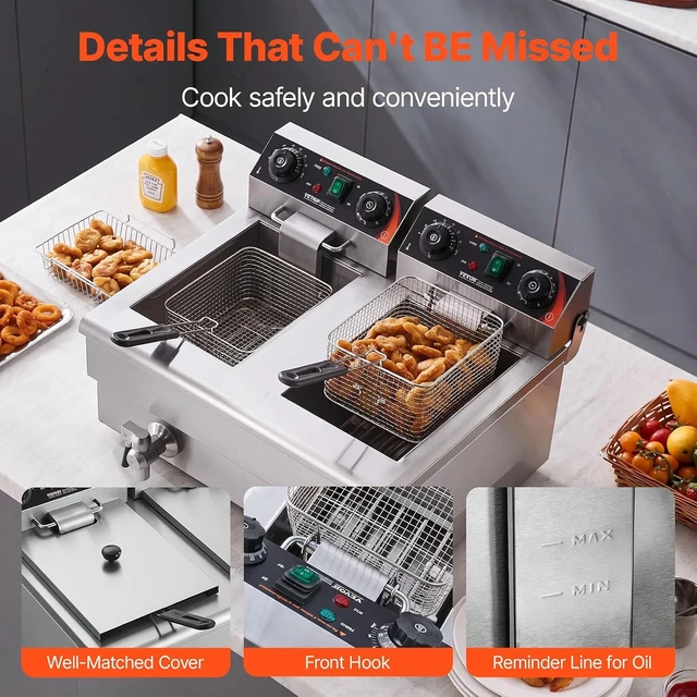 Alt view image 6 of 7 - Commercial Deep Fryer, Dual Tank 3000W Electric Countertop Fryer with Basket, 2 x 11.6Qt/11L Double Stainless Steel Oil Fryer with Drain, Time & Temp Control, for Kitchen Restaurant Use