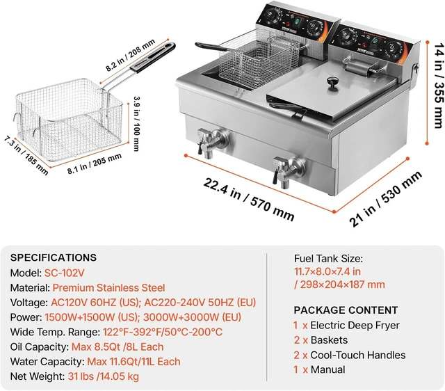 Alt view image 7 of 7 - Commercial Deep Fryer, Dual Tank 3000W Electric Countertop Fryer with Basket, 2 x 11.6Qt/11L Double Stainless Steel Oil Fryer with Drain, Time & Temp Control, for Kitchen Restaurant Use