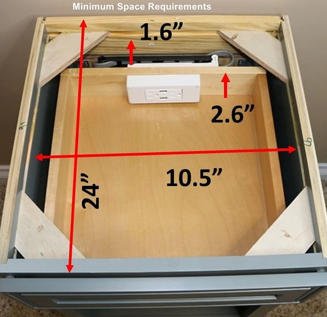 Alt view image 7 of 7 - Compact USB-A in-Drawer Outlet with Cord Management Arm (2) USB-A Ports (2) 15 Amp Plugs fits Narrow and Shallow Drawers