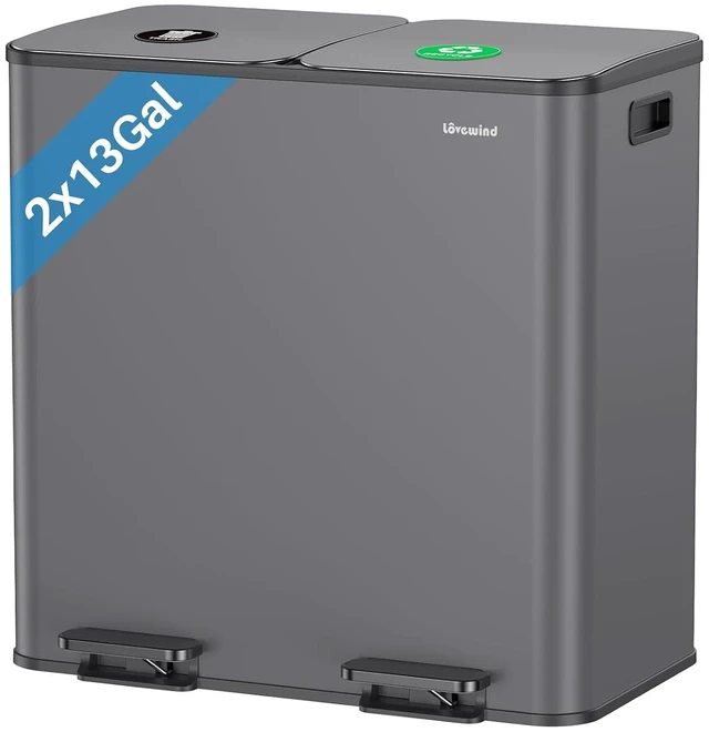 Main image of Dual Trash and Recycling Bins for Kitchen, 2×13 Gallon (2× 50L) Stainless Steel Trash and Recycle Bin Combo with Soft-Close Lid, Large Garbage Cans for Kitchen Home with 2 Magnets Sticker, Gray