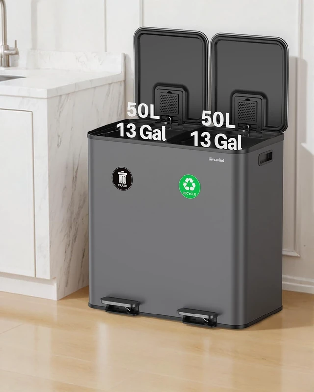 Alt view image 3 of 7 - Dual Trash and Recycling Bins for Kitchen, 2×13 Gallon (2× 50L) Stainless Steel Trash and Recycle Bin Combo with Soft-Close Lid, Large Garbage Cans for Kitchen Home with 2 Magnets Sticker, Gray