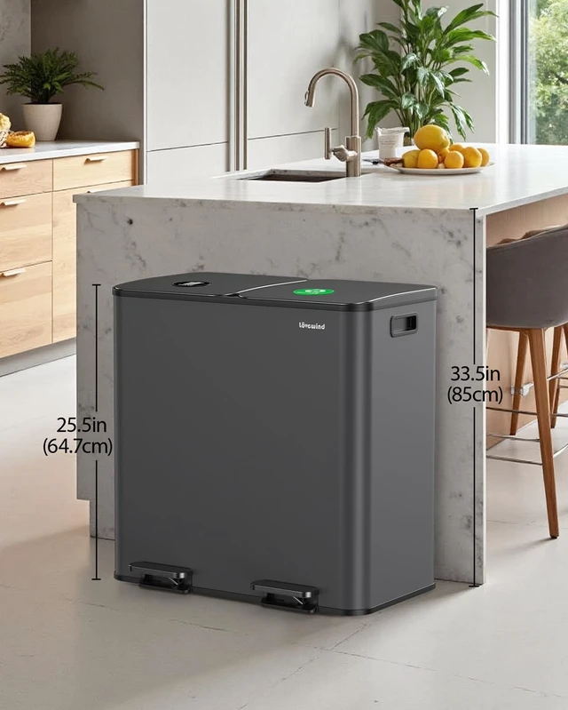 Alt view image 2 of 7 - Dual Trash and Recycling Bins for Kitchen, 2×13 Gallon (2× 50L) Stainless Steel Trash and Recycle Bin Combo with Soft-Close Lid, Large Garbage Cans for Kitchen Home with 2 Magnets Sticker, Gray