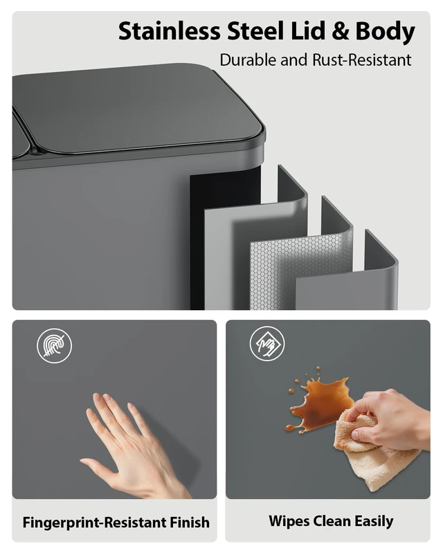 Alt view image 4 of 7 - Dual Trash and Recycling Bins for Kitchen, 2×13 Gallon (2× 50L) Stainless Steel Trash and Recycle Bin Combo with Soft-Close Lid, Large Garbage Cans for Kitchen Home with 2 Magnets Sticker, Gray