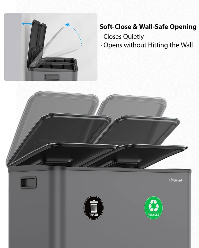 Alt view image 6 of 7 - Dual Trash and Recycling Bins for Kitchen, 2×13 Gallon (2× 50L) Stainless Steel Trash and Recycle Bin Combo with Soft-Close Lid, Large Garbage Cans for Kitchen Home with 2 Magnets Sticker, Gray