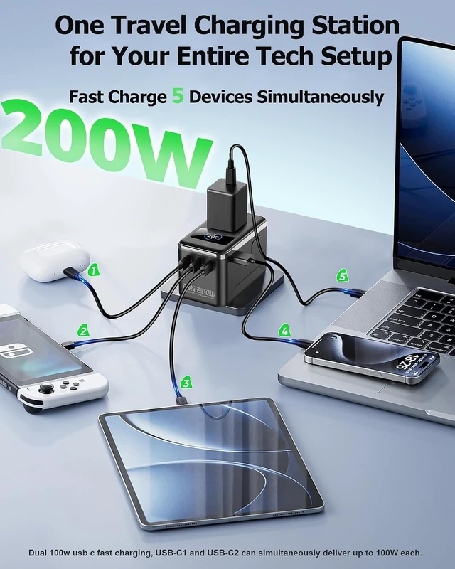 Alt view image 3 of 7 - 200W GaN Universal Travel Adapter, Dual 100W USB-C for 2 Laptops