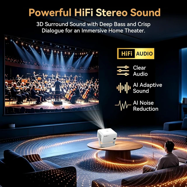 Alt view image 5 of 7 - Outdoor Projector with Netflix Built-in, 4K Support Smart Projector 3500 Brightness with WiFi and Bluetooth, Auto Focus & Keystone, 360°Rotatable Stand Portable Movie Projectors for Home Theater