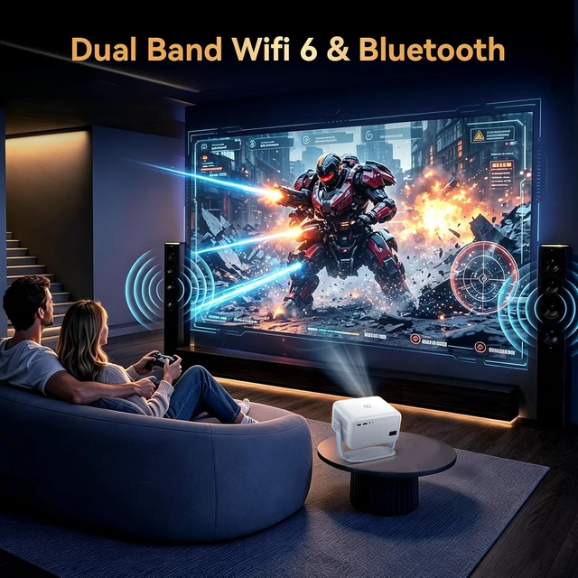 Alt view image 6 of 7 - Outdoor Projector with Netflix Built-in, 4K Support Smart Projector 3500 Brightness with WiFi and Bluetooth, Auto Focus & Keystone, 360°Rotatable Stand Portable Movie Projectors for Home Theater