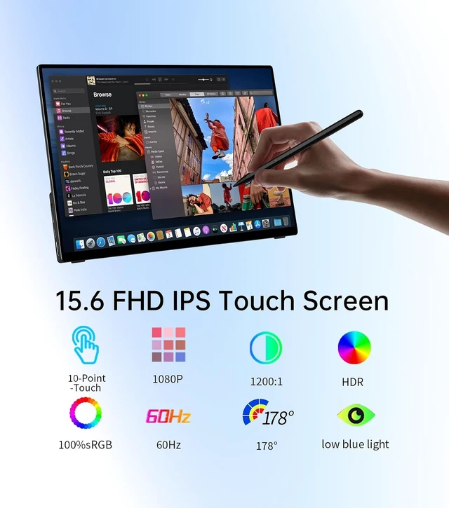 Alt view image 2 of 7 - Portable Monitor Touchscreen 15.6" with MPP Stylus Pen FHD 1080P