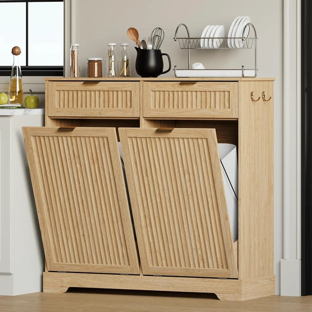 Main image of 2 x 13 Gallons Double Tilt Out Trash Can Cabinet, Trash Cabinet,Natural Oak