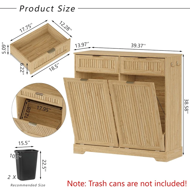 Alt view image 2 of 7 - 2 x 13 Gallons Double Tilt Out Trash Can Cabinet, Trash Cabinet,Natural Oak