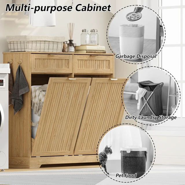 Alt view image 3 of 7 - 2 x 13 Gallons Double Tilt Out Trash Can Cabinet, Trash Cabinet,Natural Oak