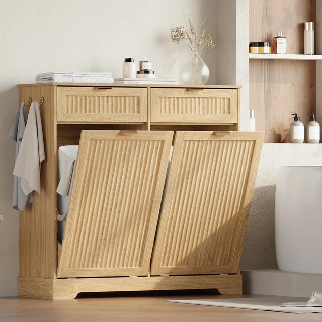 Alt view image 6 of 7 - 2 x 13 Gallons Double Tilt Out Trash Can Cabinet, Trash Cabinet,Natural Oak
