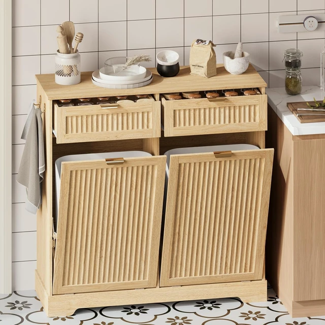 Alt view image 7 of 7 - 2 x 13 Gallons Double Tilt Out Trash Can Cabinet, Trash Cabinet,Natural Oak