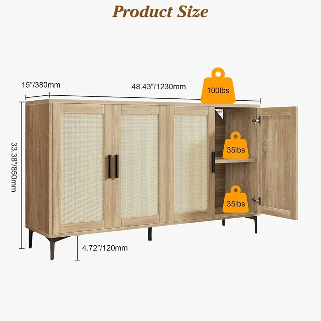 Alt view image 2 of 7 - Buffet Cabinet with Storage, 48" Rattan Coffee Bar Cabinet Station