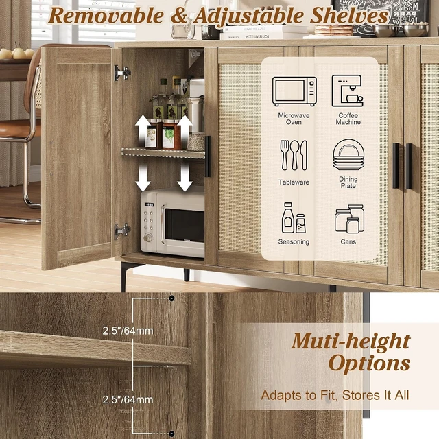 Alt view image 3 of 7 - Buffet Cabinet with Storage, 48" Rattan Coffee Bar Cabinet Station