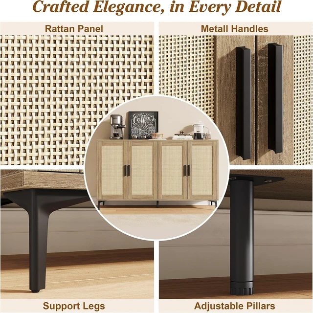 Alt view image 4 of 7 - Buffet Cabinet with Storage, 48" Rattan Coffee Bar Cabinet Station