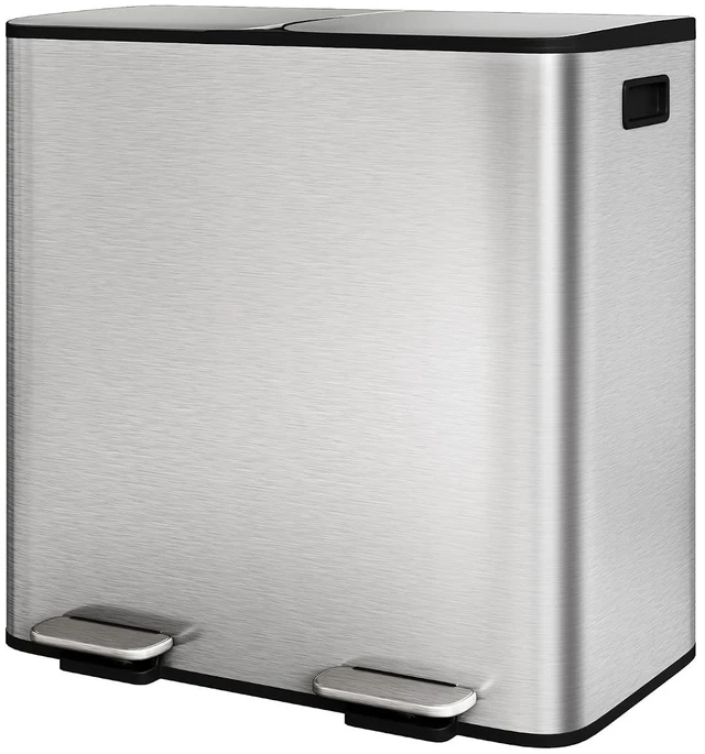 Main image of 2 x 10.6 gal Stainless Steel Double Trash Can with Lid for Kitchen, Large Dual Trash and Recycle Bin Combo, Step-on Kitchen Metal Garbage Cans, PP Inner Buckets, Liner Rim, Silver