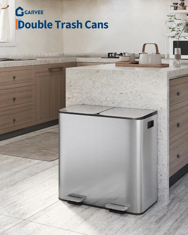 Alt view image 2 of 6 - 2 x 10.6 gal Stainless Steel Double Trash Can with Lid for Kitchen, Large Dual Trash and Recycle Bin Combo, Step-on Kitchen Metal Garbage Cans, PP Inner Buckets, Liner Rim, Silver