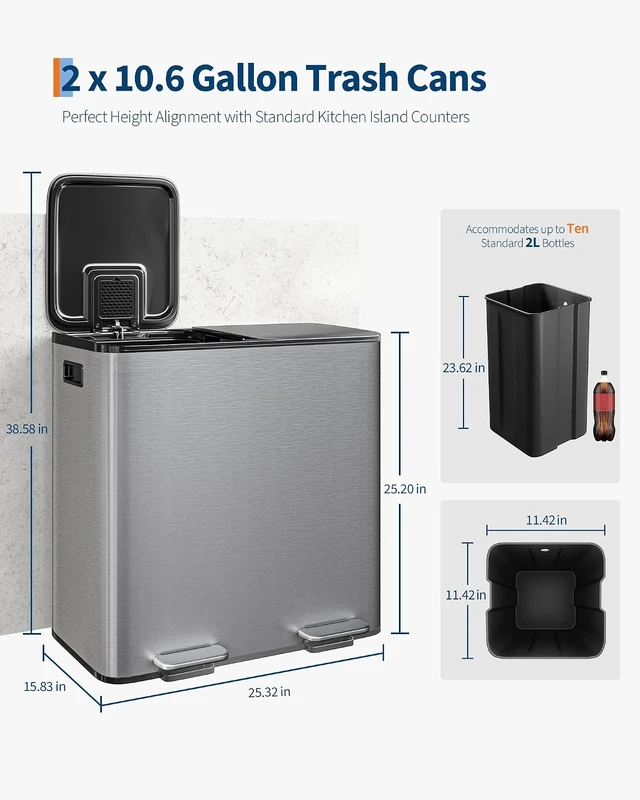 Alt view image 6 of 6 - 2 x 10.6 gal Stainless Steel Double Trash Can with Lid for Kitchen, Large Dual Trash and Recycle Bin Combo, Step-on Kitchen Metal Garbage Cans, PP Inner Buckets, Liner Rim, Silver