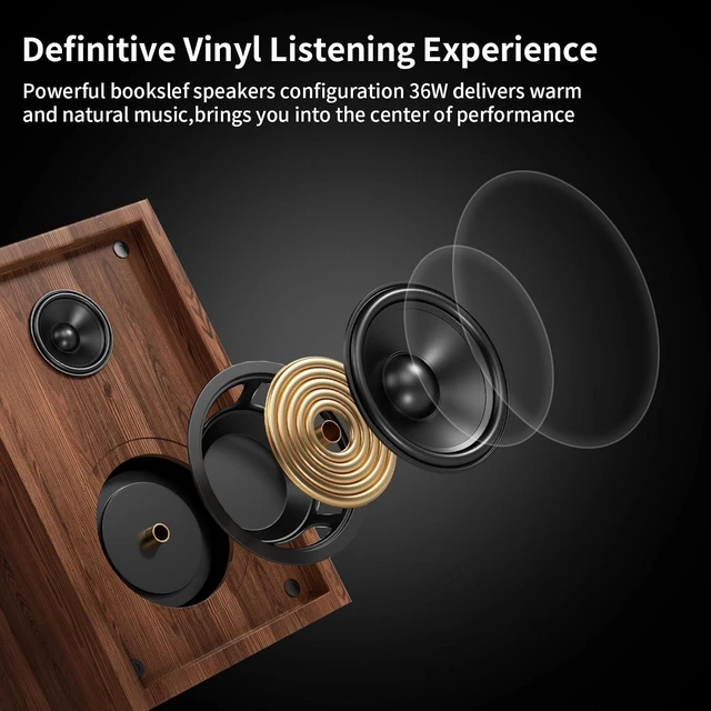 Alt view image 6 of 7 - Bluetooth Turntable HiFi System with 36 Watt Bookshelf Speakers, Patend Designed Vinyl Record Player with Magnetic Cartridge, Bluetooth Playback and Auto Off