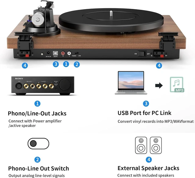 Alt view image 7 of 7 - Bluetooth Turntable HiFi System with 36 Watt Bookshelf Speakers, Patend Designed Vinyl Record Player with Magnetic Cartridge, Bluetooth Playback and Auto Off