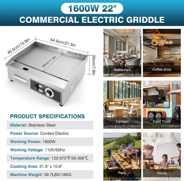 Alt view image 2 of 7 - Electric Griddle Nonstick 22 Inch, Stainless Steel Commercial Griddle for Indoor & Outdoor, 2-IN-1 Half Flat Top Griddle Grill for Restaurant & Home, 122-572 Adjustable Temperature